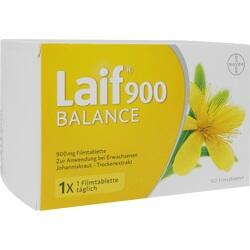 Gelbe Medikamentenverpackung mit der Aufschrift "Laif 900 Balance" und einem Johanniskrautmotiv.