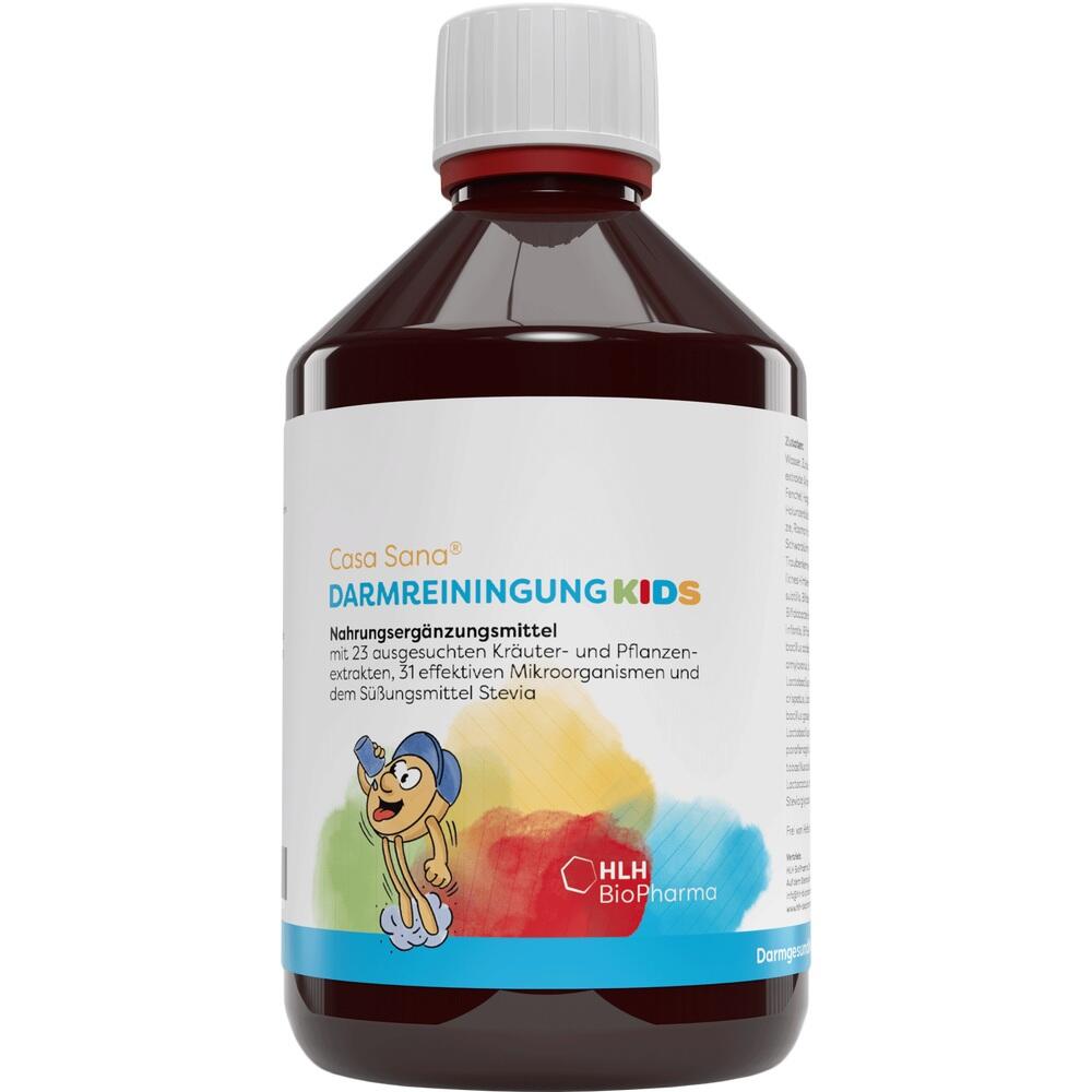 Braune Flasche mit Etikett für ein Nahrungsergänzungsmittel zur Darmreinigung für Kinder.